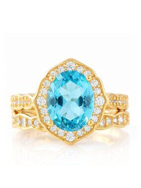 Gold and Aquamarine ring set, 925 Sterling Silver